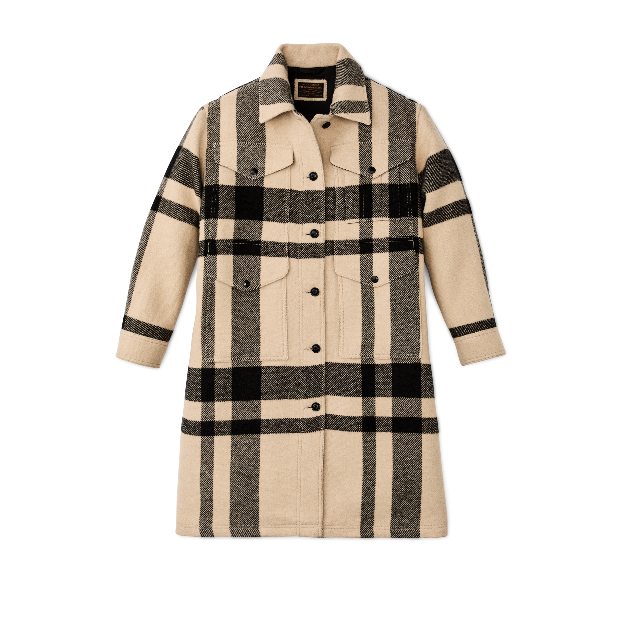 Women's Wool Long Cruiser Coat - Natural / Black Plaid